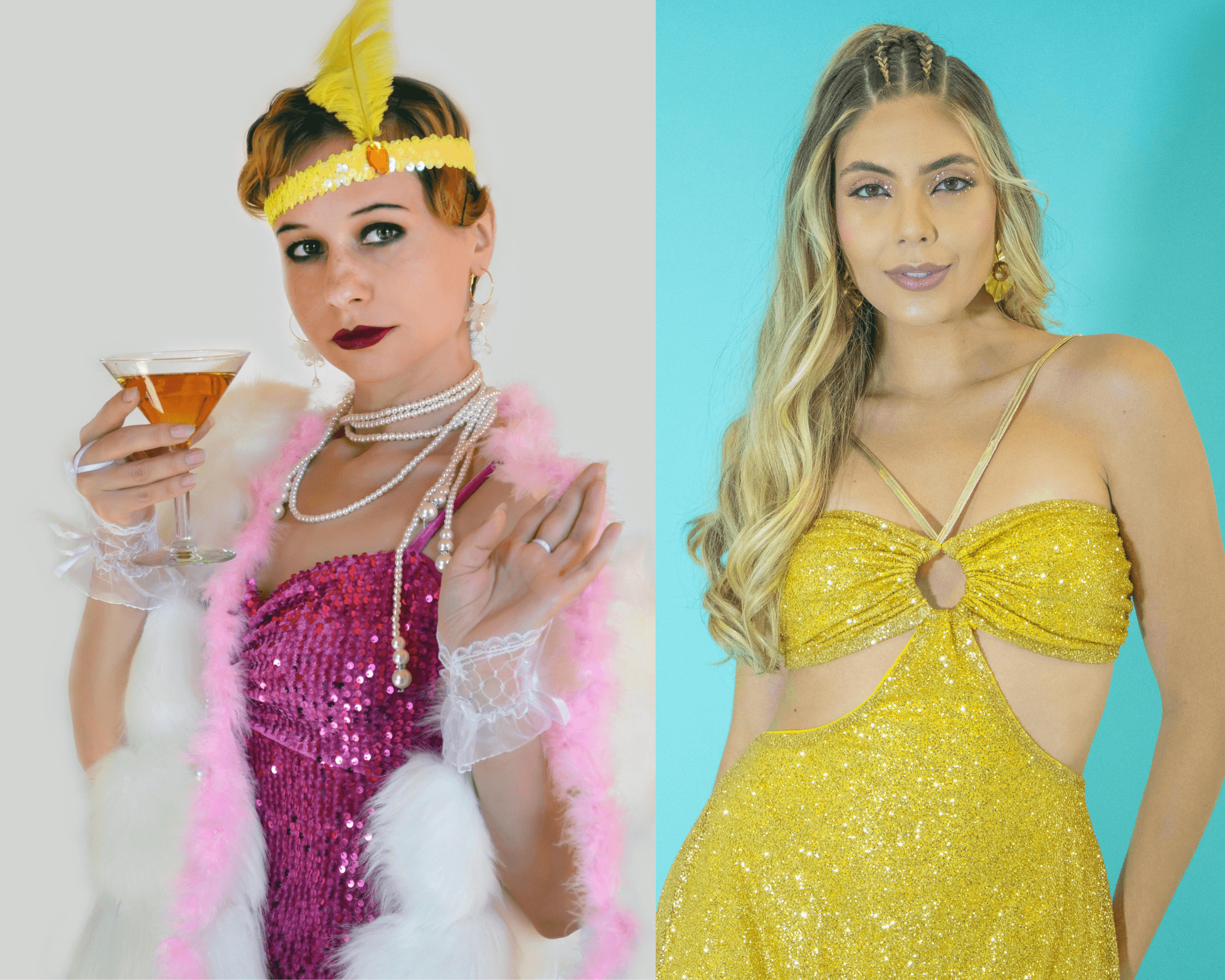 Side-by-side of two women in glamorous outfits: one in a pink 1920s-inspired sequin look with pearls, the other in a modern gold cut-out glitter dress – contrasting fashion styles.