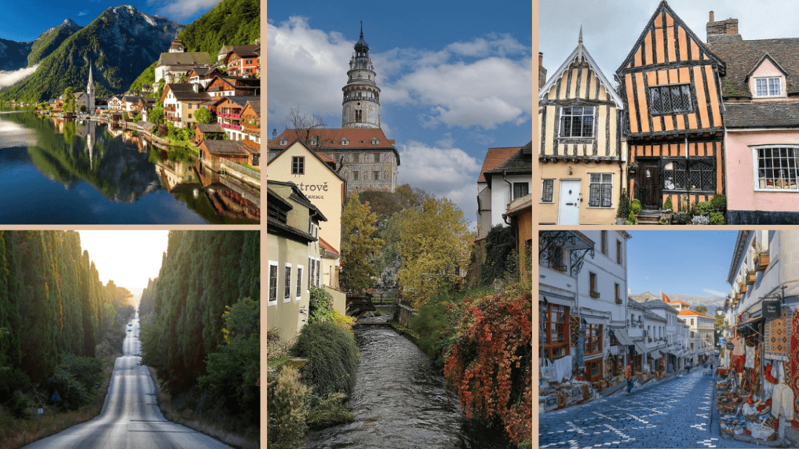Collage of five charming European small towns: Hallstatt, Český Krumlov, Bolgheri, Gjirokastër, and Lavenham – perfect travel destinations for 2025