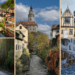 Collage of five charming European small towns: Hallstatt, Český Krumlov, Bolgheri, Gjirokastër, and Lavenham – perfect travel destinations for 2025