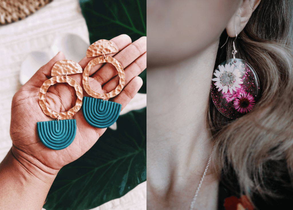 Two styles of colorful statement earrings – geometric clay design and floral resin design, perfect for spring accessorizing.