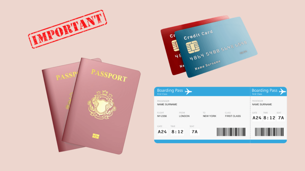 Essential travel documents including passports, credit cards, and a boarding pass – important items for international travel.
