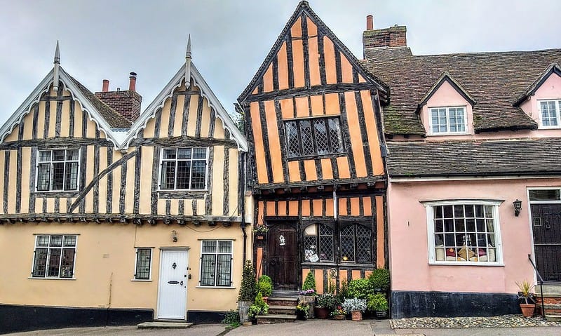 Colorful timber-framed Tudor houses in Lavenham, England – one of the best-preserved medieval villages