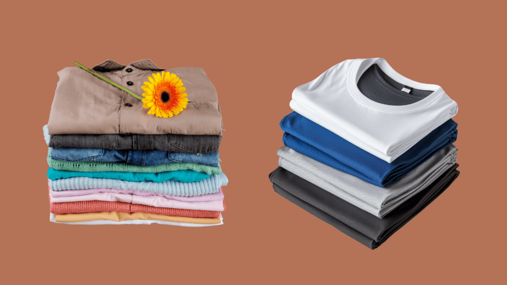 Two neatly folded stacks of colorful and neutral clothing, including basics and layering pieces – capsule wardrobe essentials for women.