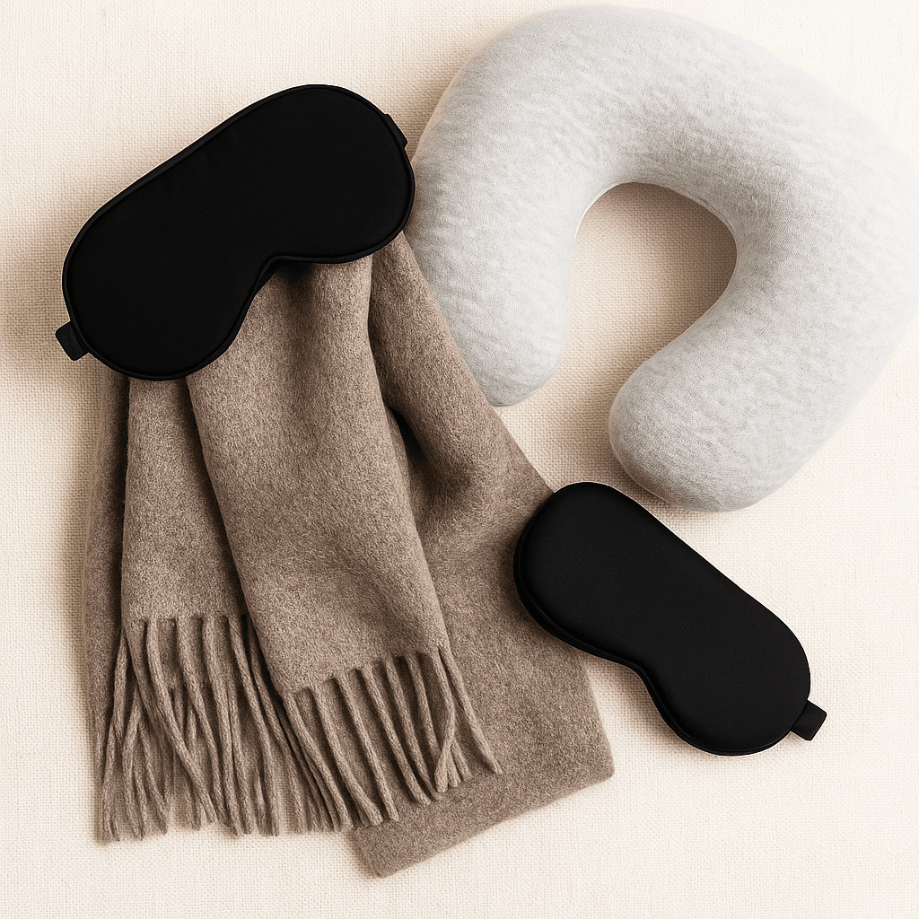 Flatlay of cozy travel essentials including a neck pillow, eye mask, and soft scarf – comfort items for long flights or road trips.
