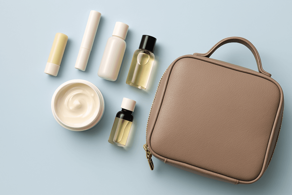 Flatlay of travel-size toiletries and a beige cosmetic pouch – essential skincare products for packing light.