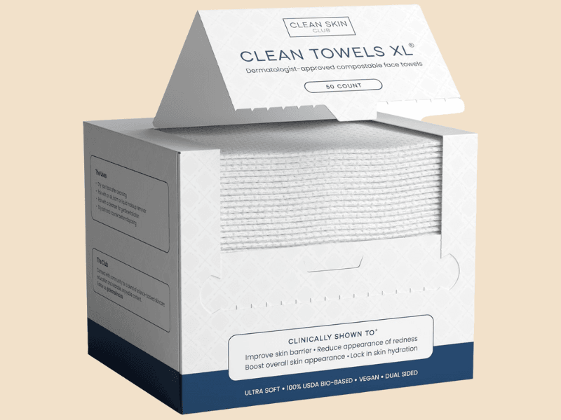 Box of Clean Skin Club Clean Towels XL – compostable face towels for skincare, 50 count