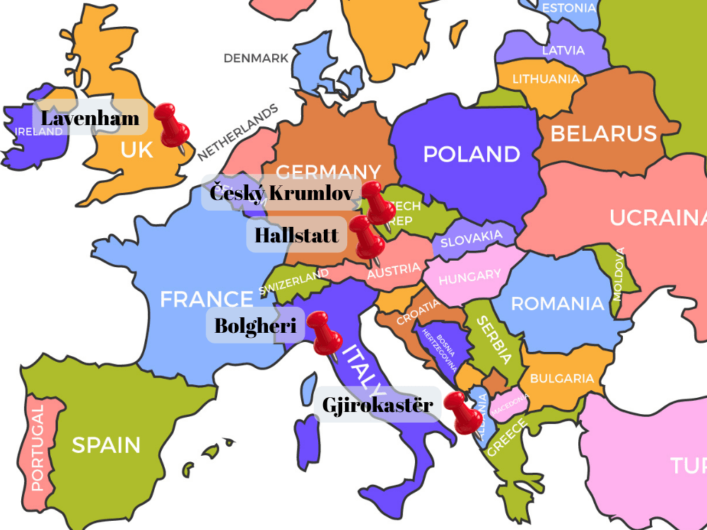 Map of Europe showing the locations of five hidden gem towns to visit in 2025: Hallstatt, Český Krumlov, Bolgheri, Gjirokastër, and Lavenham
