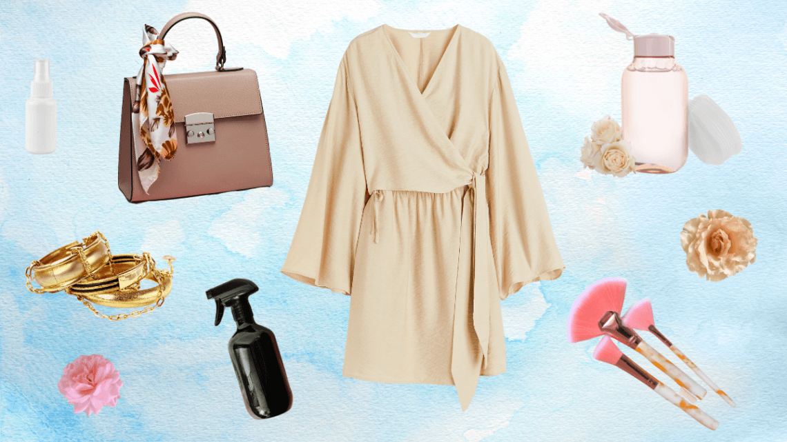 Flat lay with cleaning products for fashion and beauty – makeup brushes, jewelry, dress, handbag and sprays