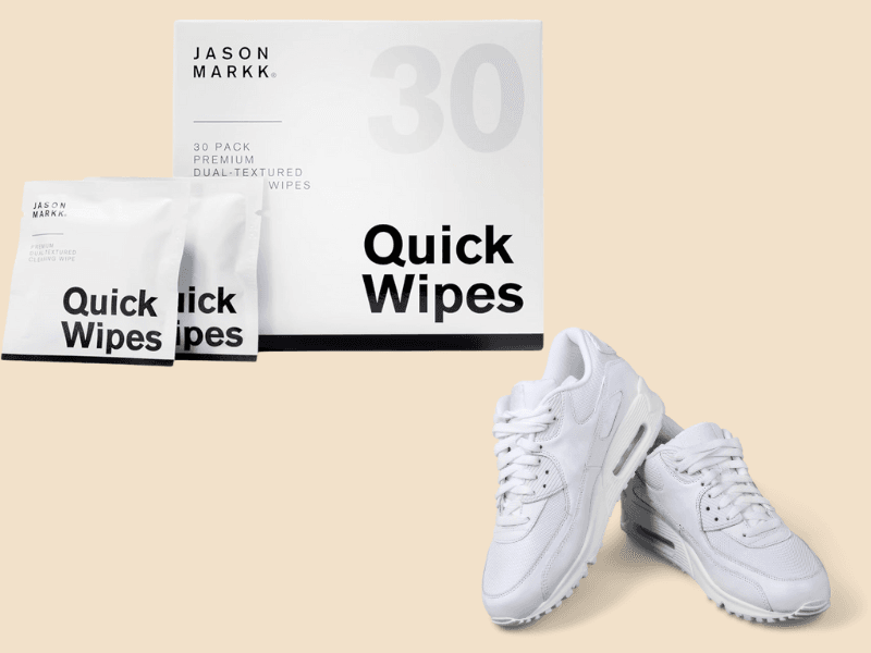 Jason Markk Quick Wipes 30-pack with dual-textured cleaning wipes and white sneakers on beige background