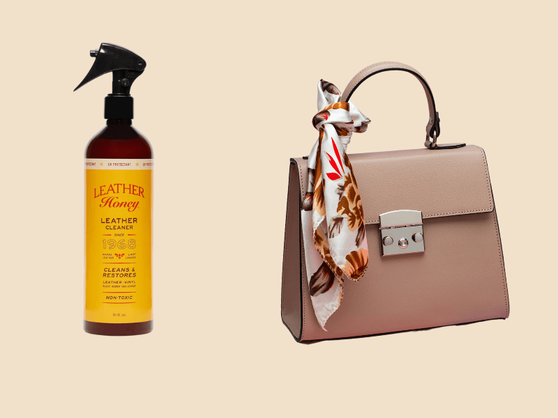 Leather Honey Leather Cleaner Spray bottle with UV protectant next to a pink leather handbag with floral scarf on beige background