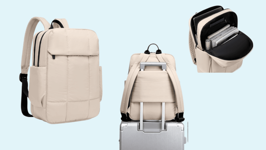 Beige travel backpack with USB charging port, multiple compartments and trolley strap – ideal for airport travel