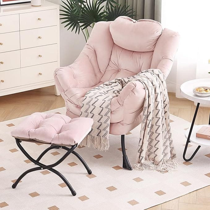 blush pink reading chair with blanket and ottoman – feminine home reading nook inspiration