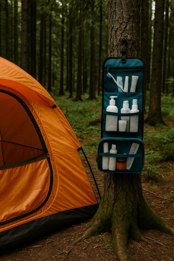 Personal care essentials hanging on a tree beside a tent in a peaceful forest campsite.