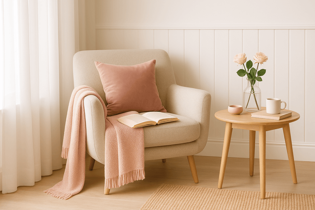 cozy reading nook with armchair, soft blanket and natural light – feminine home corner inspiration
