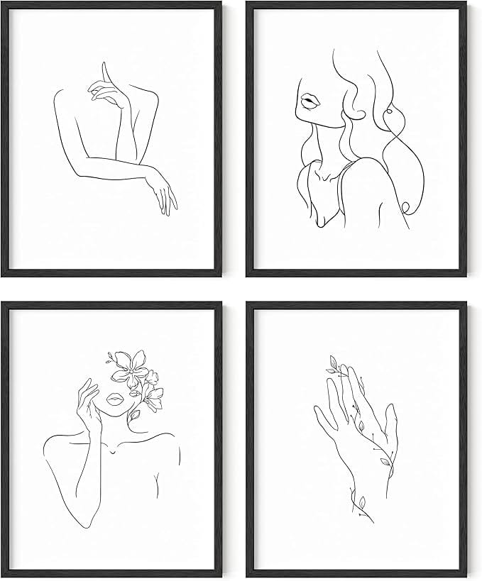 set of four minimalist line art prints with feminine silhouettes – chic home wall decor