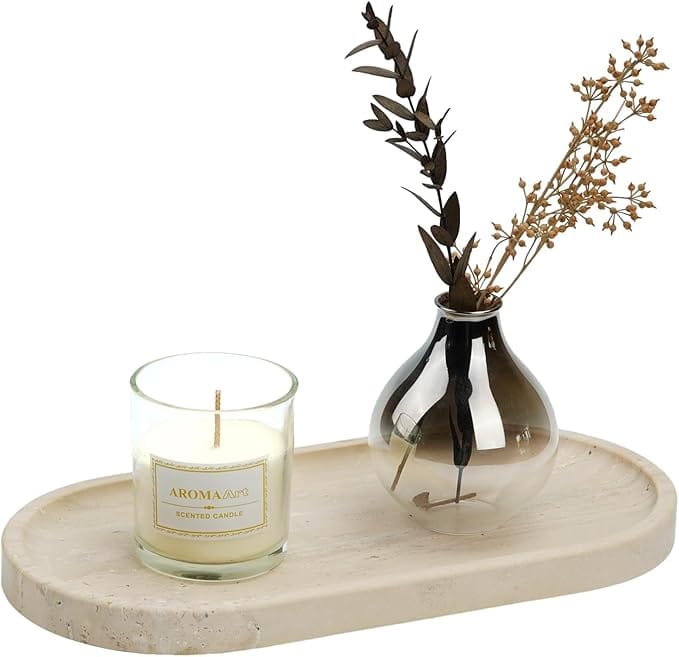 neutral tray decor with scented candle and small vase – elegant feminine coffee table setup