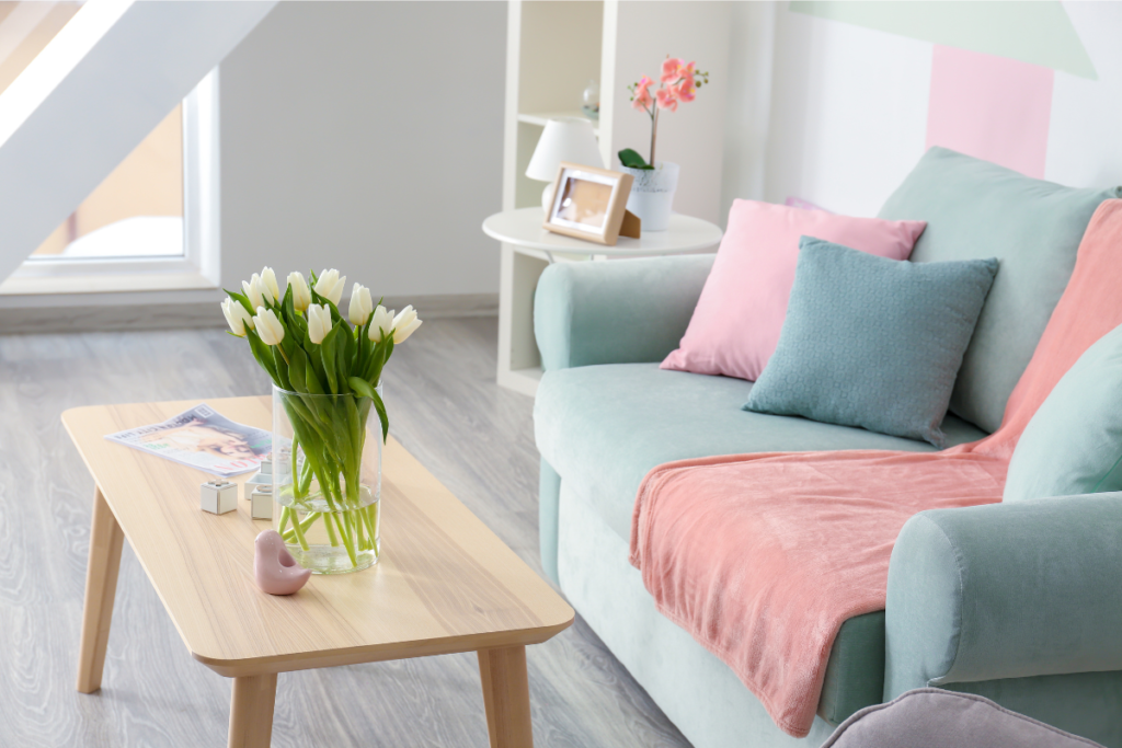 pastel living room with blush and sage decor – feminine home decor inspiration