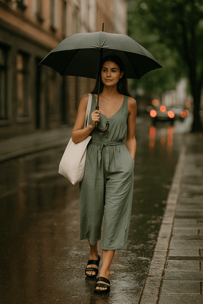 Young woman wearing a sage green sleeveless jumpsuit with black waterproof slides and a cream tote bag, walking under a black umbrella on a rainy city street in summer.