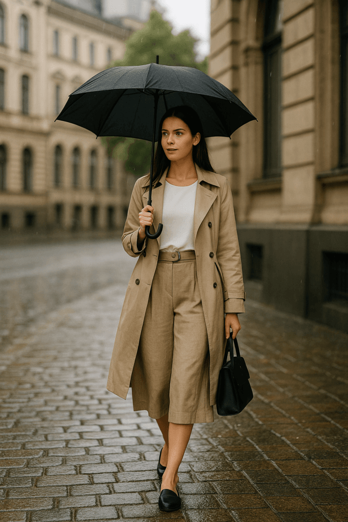 Young woman wearing beige linen culottes, a white sleeveless blouse, a beige rainproof trench coat, and black loafers, walking under a black umbrella on a rainy cobblestone city street.