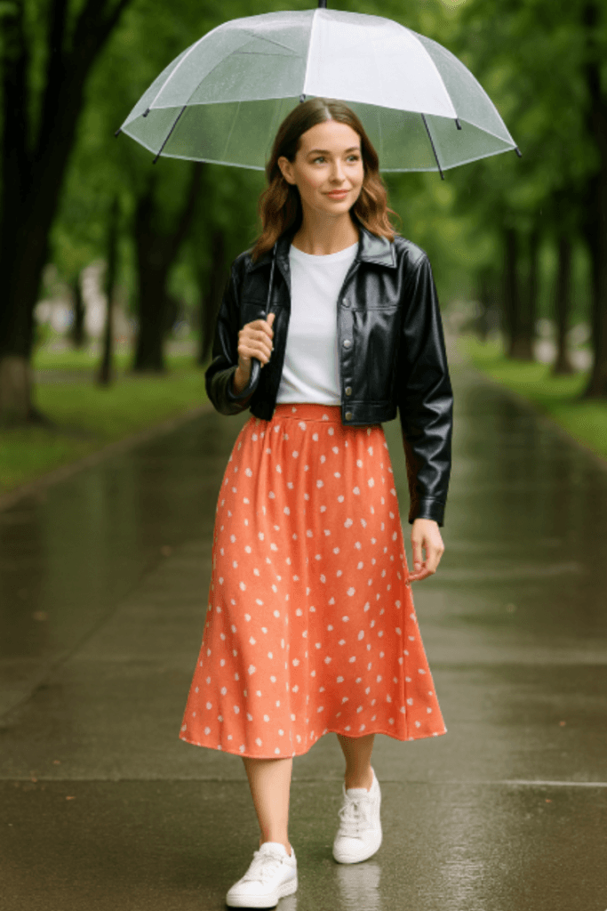 Woman wearing a white t-shirt, coral midi skirt, and black cropped vinyl jacket while holding a transparent umbrella on a rainy summer day.