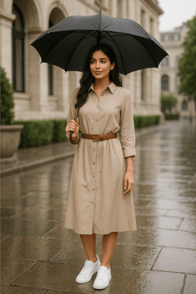 Young woman wearing a beige shirt dress with a brown belt, white sneakers, and holding a black umbrella while walking on a rainy city street during summer.