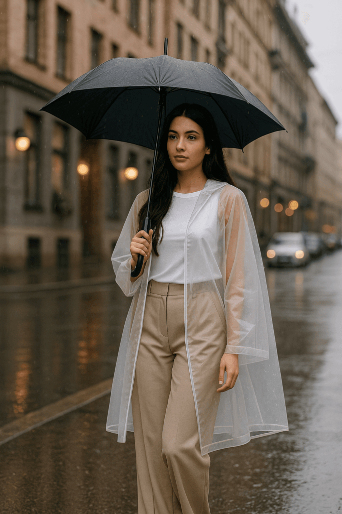 Young woman with long dark brown hair wearing a long transparent rain poncho over a white top and beige wide-leg trousers, walking on a rainy city street with a black umbrella.