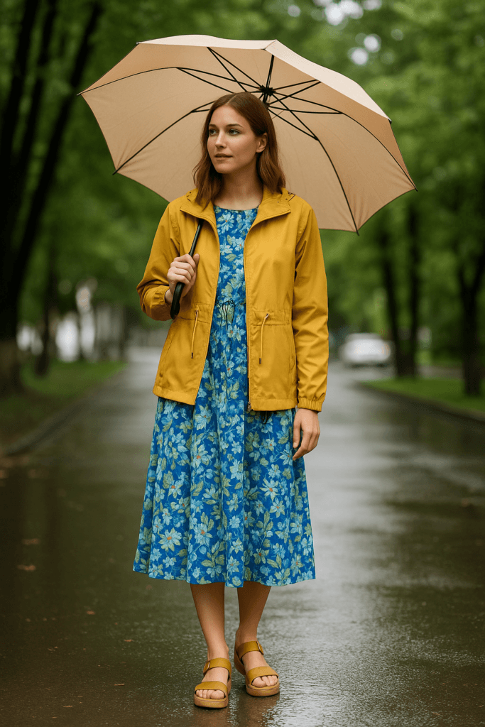 Woman wearing a floral blue midi dress, mustard yellow rain jacket, and platform sandals on a rainy summer day, holding a beige umbrella.
