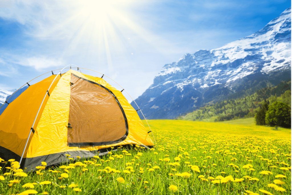 Bright yellow camping tent in a field of dandelions with mountain view in the background on a sunny day