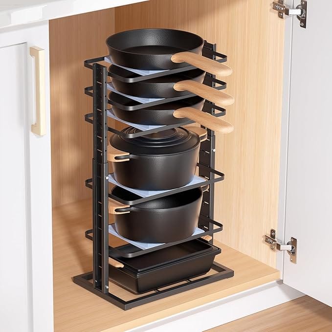 Adjustable pot and pan organizer for small kitchen storage