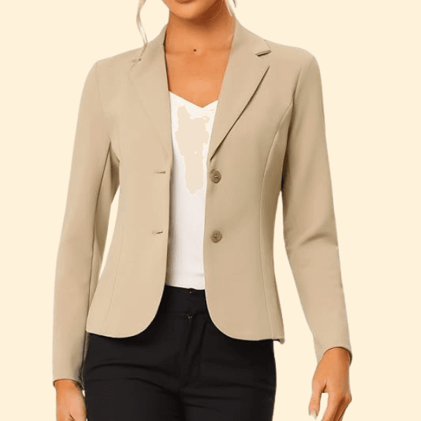 Beige tailored blazer for women styled with black pants and white top, perfect for office and elegant outfits