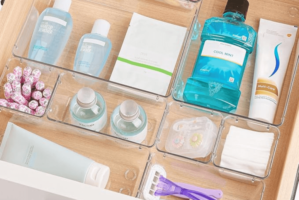 Clear drawer organizer trays for bathroom and vanity storage