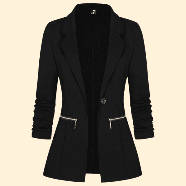 Black slim fit casual women's blazer with gold zipper details