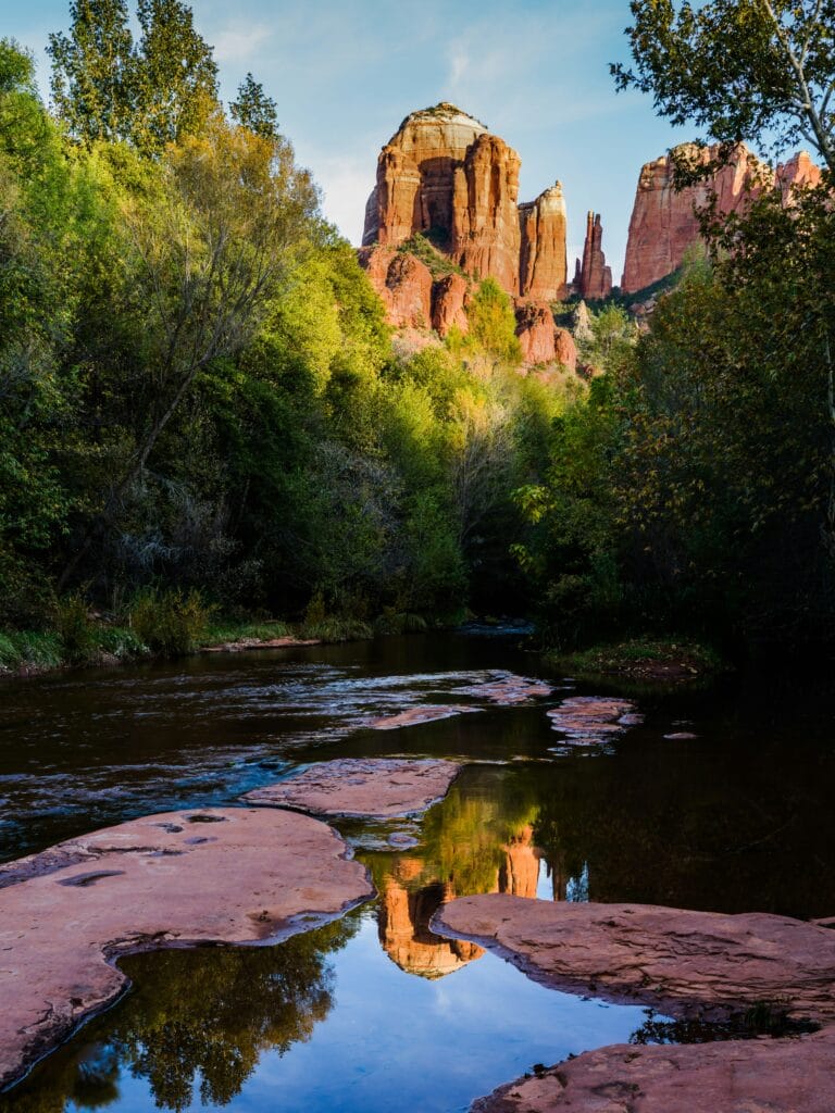 Cathedral Rock reflected in Oak Creek at Red Rock Crossing, Sedona.