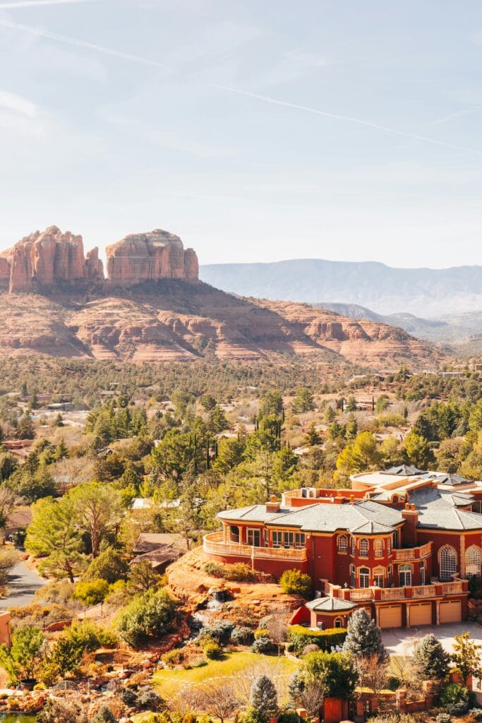 View of Sedona’s luxury homes nestled among the red rocks and desert landscape