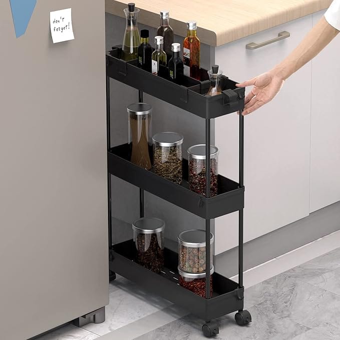 Slim rolling storage cart for small kitchen organization