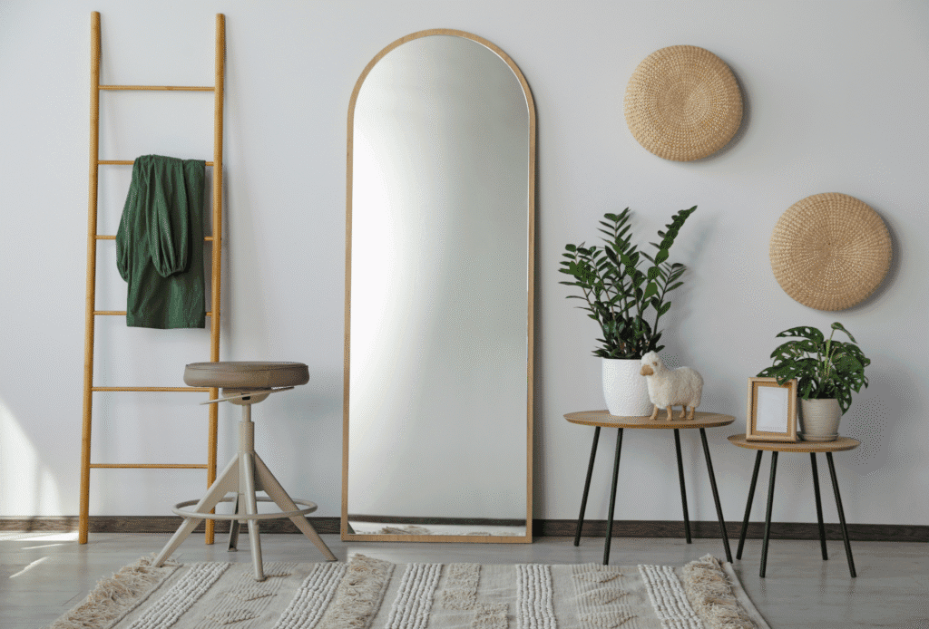 Boho-inspired decor corner with arched gold-framed mirror, indoor plants, woven wall baskets, and neutral furniture