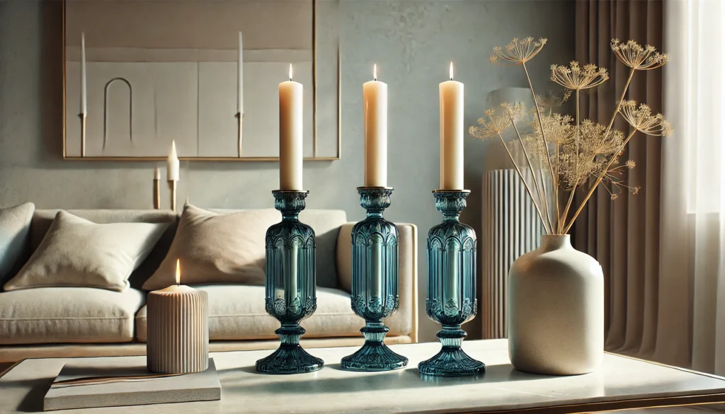 Modern living room decor with three tall ivory candles in ornate blue glass holders on a coffee table, next to a beige vase with dried flowers