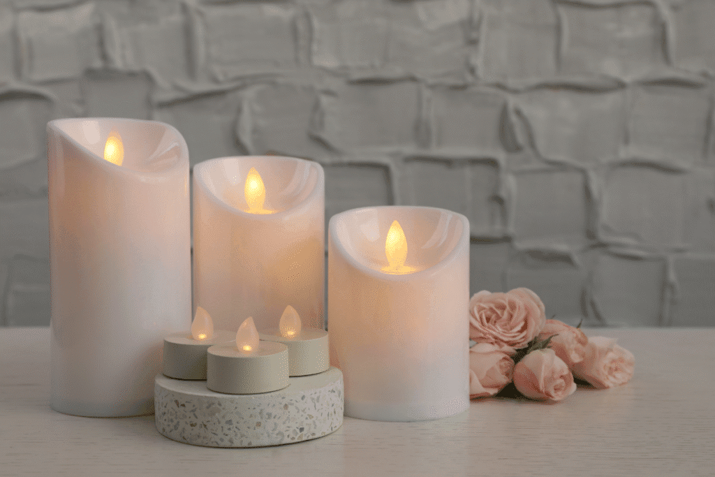 Realistic flameless LED candles glowing on a terrazzo tray, styled with blush roses – cozy decor idea