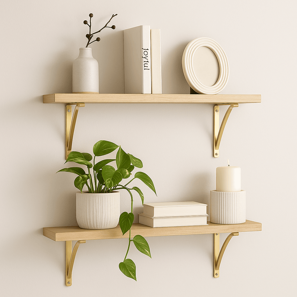 Two wooden wall-mounted shelves with gold brackets, decorated with neutral books, a round frame, a ceramic vase, a trailing plant, and a candle