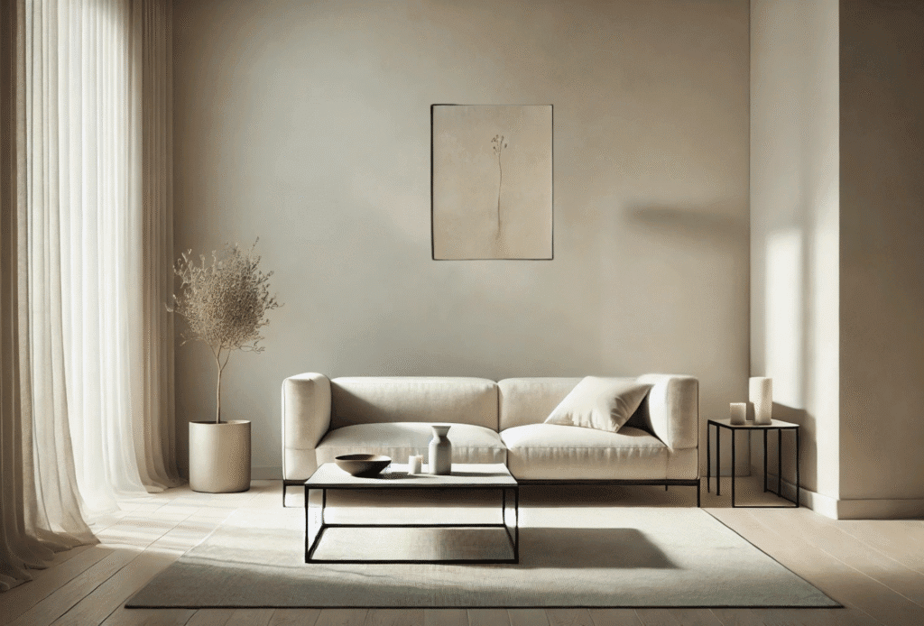 Minimalist living room with neutral-toned sofa, modern black frame furniture, soft curtains, and gentle natural light