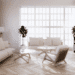 Bright Scandinavian-style living room with large windows, white and wood furniture, indoor plants, and a minimalist media console