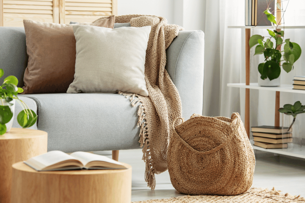 Cozy living room corner with a light gray sofa, neutral pillows, knitted throw blanket, and a large woven basket for stylish storage